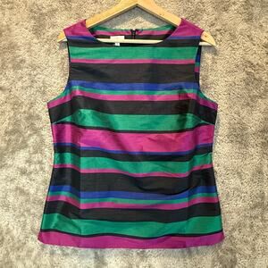 Talbots Stripe Jewel Toned Shell Sleeveless Top Blouse Black Green Pink M Medium